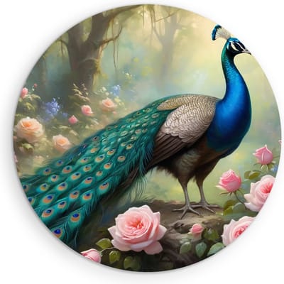 Saammp Muurcirkel Hout - Pauw tussen de roze bloemen - Dieren - Natuur - Ø 90 - Wandcirkel - Wanddecoratie Cirkel - muurdecoratie Woonkamer - Slaapkamer decoratie - Rond Schilderij