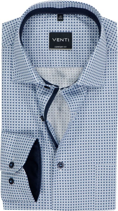 VENTI CASA MODA comfort fit overhemd - popeline - wit met licht- en donkerblauw dessin - Strijkvriendelijk - Boordmaat: 40 (EU maat: M)