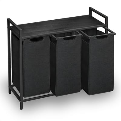 Goliving Wassorteerder – Wasmand met 3 vakken – Wasbox – Oxfort textiel/Metaal/Hout – 3 x 38 Liter – 33 x 92.5 x 71 cm – Zwart