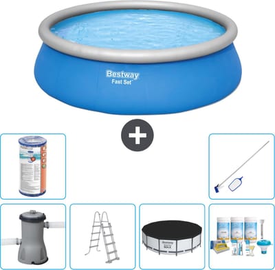 Bestway Rond Opblaasbaar Fast Set Zwembad - 457 x 122 cm - Blauw - Inclusief Pomp - Ladder Afdekzeil - Onderhoudspakket - Filter - Schoonmaakset
