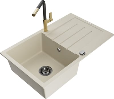 Mexen Bruno granieten spoelbak met 1 bak en afdruiprek en keukenkraan Flora, beige - 6513-69-670401-57-B