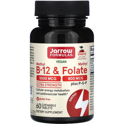Jarrow Formulas B - Methyl-B12 5mg & MethylFolaat 800mcg - methylcobalamine, biofolaat en P5P 60 zuigtabletten