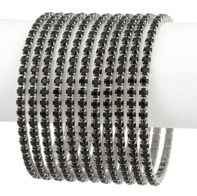 12 Zilverkleurige armbanden set voor dames – stapelbare bangles met zwarte steentjes – glanzende sieraden set