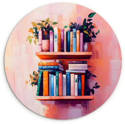 WallCircle® Wandcirkel 120x120 cm - Muurcirkel Planken - Boeken - Bladeren - Muurdecoratie woonkamer - Wanddecoratie slaapkamer - Kamer decoratie accessoires - Ronde schilderijen XXL