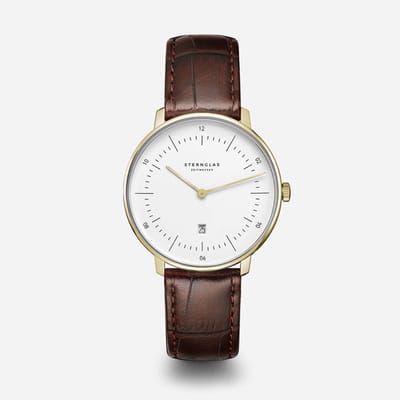 Sternglas S01-ND02-NB01 NAOS XS Heren Horloge - Saffierglas - Staal/Leer - Bruin/Goudkleurig - Ø 33 mm - Quartz - Gesp - 5 ATM (douchen)