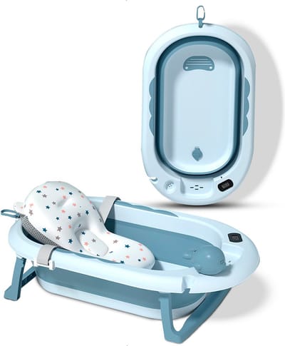 Babybadjes 3 in 1 opvouwbaar- babybad - Inclusief badkussen babybadset - Thermometer ingebouwd - model 2023 - Blauw