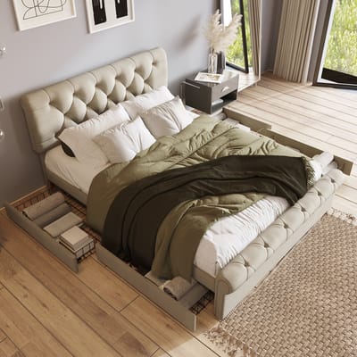 KOMHTOM Tweepersoonsbed 140x200 cm Bed volwassenen In hoogte verstelbaar hoofdbord opbergbed Bed met 4 laden