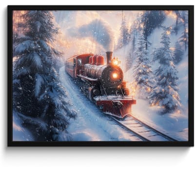 Poster in lijst - Fotolijst 70x50 cm - Posters - Kersttrein - Sneeuw - Winter - Kerst - Posterlijst zwart - Decoratie - Wanddecoratie woonkamer - Kerstdecoratie voor binnen - Kerstversiering - Kerstmis versiering in huis - Kerstaccessoires