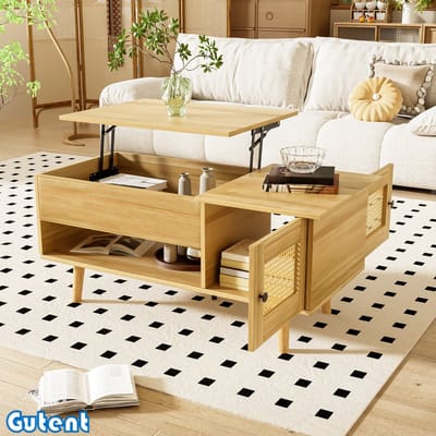 Gutent Salontafel - Opklapbaar tafelblad - Rotan deur - Ruw hout met zwarte accenten - Opbergruimte