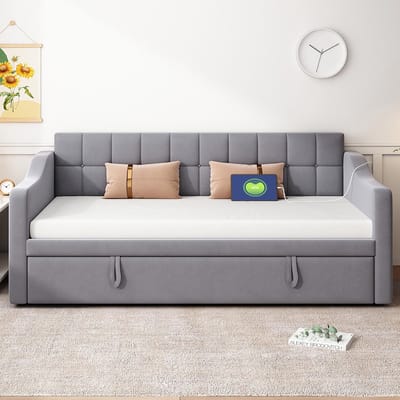 BLACKCOLORS Gestoffeerd bed 2-in-1 slaapbank Multifunctionele slaapbank 90/180, grijs fluweel Gestoffeerd bed met stopcontact en opbergtas