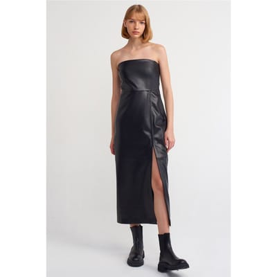 Dames Strapless Faux Leather Midi-jurk