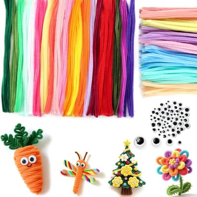 Creatieve DIY knutselset met 400 stuks: 27 kleuren pijpenragers, 300 chenilledraden en 100 wiebelogen voor unieke ambachtelijke projecten en decoraties