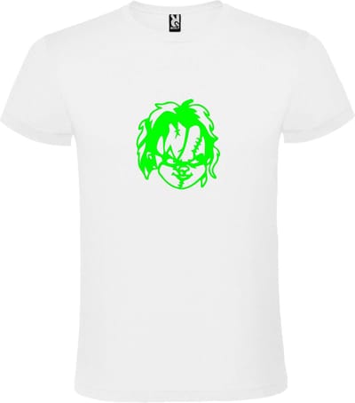 Wit T-Shirt met “ Halloween Chucky “ afbeelding Neon Groen Size XXL