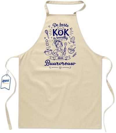 Basics - Unisex Schort - schort voor mijn buurvrouw - keukenschort - BBQ schort - 65 x 90 cm - 100% katoen - De beste kok is toevallig deze buurvrouw - ecru / kaki