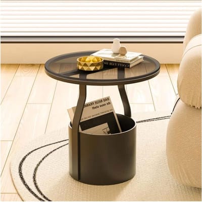 Bijzettafel Rond - Tafeltje Balkon - Opbergen Woonkamer - Met Opbergmand - N.v.t. - Wit