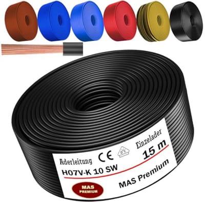 Aderkabels H07V-K - Enkele ader Flexibele kabel - Elektrische installaties - Fijndradig koper - 10 mm² - Zwart