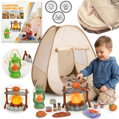 Campingset voor kinderen, speelgoedkamp, interactief kampvuur + accessoires, licht, geluid 3+