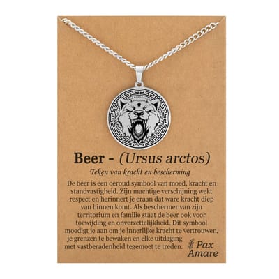 Beer Ketting op Cadeau Kaartje Zilverkleurig - Dier Talisman - Roestvrij Staal / Stainless Steel - 60cm - Pax Amare
