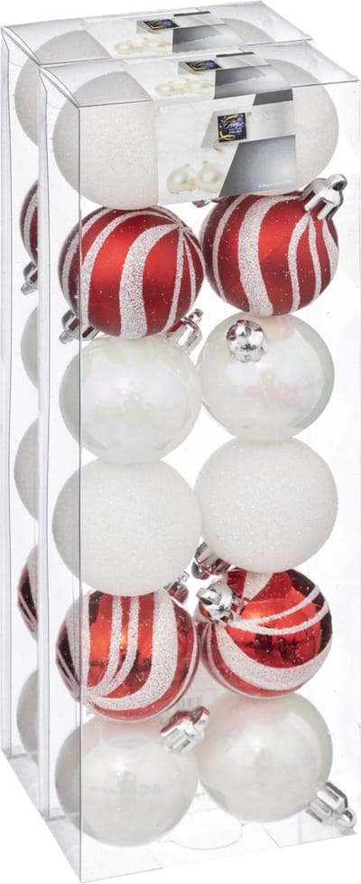 Atmosphera kerstballen 24x -parelmoer wit/rood - 4 cm - kunststof