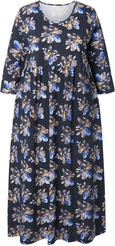Ulla Popken - Dames - Maxi-jurk bloemen ronde hals 3/4-mouwen zakken - Zwart - Maat 46+