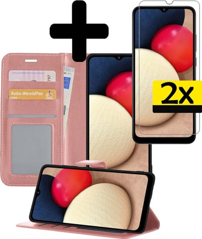 Hoesje - Met 2x Screenprotector - Geschikt voor Samsung Galaxy A02s - Luxe Pasjeshouder - Bookcase Portemonee - Flip Case - Kunstleer Book Case - Flipcase Hoes - Book Cover - Walletcase - Portemonneehoes - Telefoonhoesjes - Rosé goud
