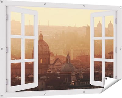 Gards Tuinposter Doorkijk Rome Stad bij Zonsopgang - 150x100 cm - Tuindoek - Tuindecoratie - Wanddecoratie buiten - Tuinschilderij