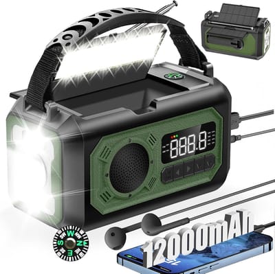 Noodradio - Noodradio's - Draagbare noodradio - 12000mAh 2 zonnepaneelen, Zonnesolar handkraan AM/FM, 3 oplademethodes, USB-kabel, SOS-alarm, LED zaklamp, telefoonlader, kompas, koptelefoonjack (Groen)