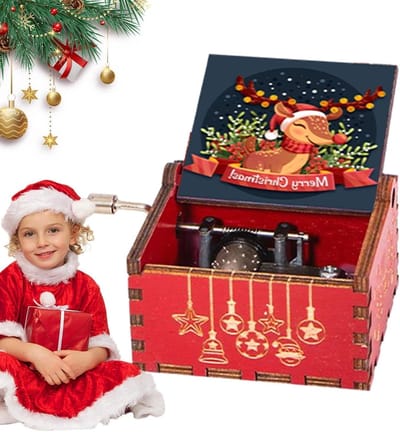 Kerst Muziekdoos - Houten Speeldoos - Feestdagen Decoratie - Handslinger Bedienen - 9.8 x 5.9 x 5.2 cm - Houtkleur