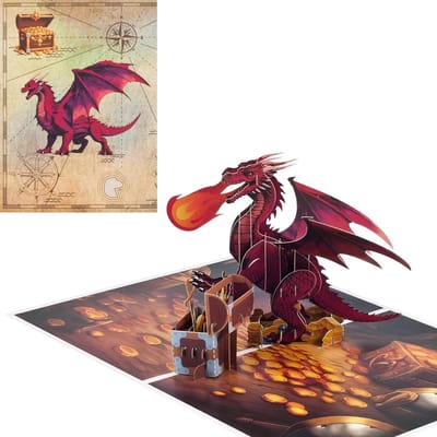 Verjaardagskaart - Pop-up kaart - Feestelijke groeten - 3D draken en schatten - 20 x 15 cm - Rood