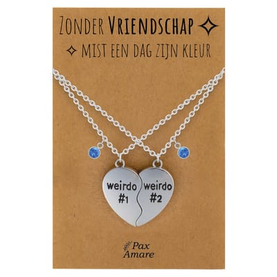 BFF Ketting voor 2 'Zonder Vriendschap mist een dag zijn kleur' - Weirdo's Hartje - Vriendschapsketting op Cadeau Kaartje - 45cm + 5cm verstelbaar - Zilverkleurig - Best Friends Hanger - Pax Amare
