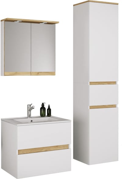 VCM 4-tlg. Waschtisch Set mit Keramikbecken, Badschrank mit 2 Softclose-Schubladen, Hochschrank, Spiegelschrank mit Beleuchtung und Steckdose, Maße Unterschrank H. 51 x B. 61 x T. 47 cm, Cosila-I