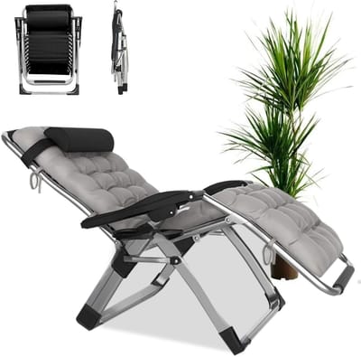 Verstelbare Loungestoel - Buitenfauteuil Opvouwbaar - Ontspannen in de tuin - Met Bekerhouder Kussen - 180x72x77 cm - Grijs