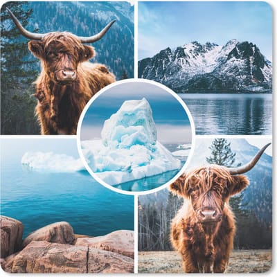 Muismat 20x20 cm - Mousepad Schotse hooglander - Collage - IJs - Berg - Muismatten