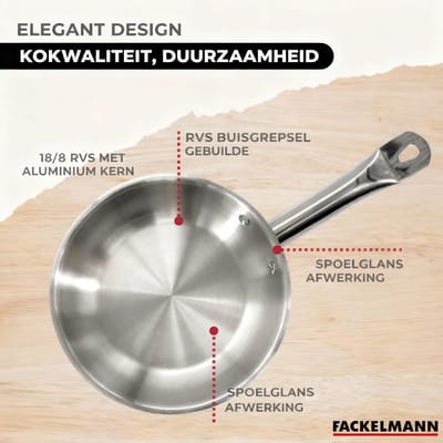 Set van 3 pannen van 20, 24 en 28 cm in roestvrij staal, 3 glazen deksels en 6 Fackelmann Eterna keukengerei