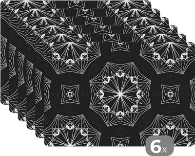 Placemat - Placemats kunststof - Bloemen - Design - Zwart - Wit - Geometrie - 45x30 cm - 6 stuks - Hittebestendig - Anti-Slip - Onderlegger - Afneembaar