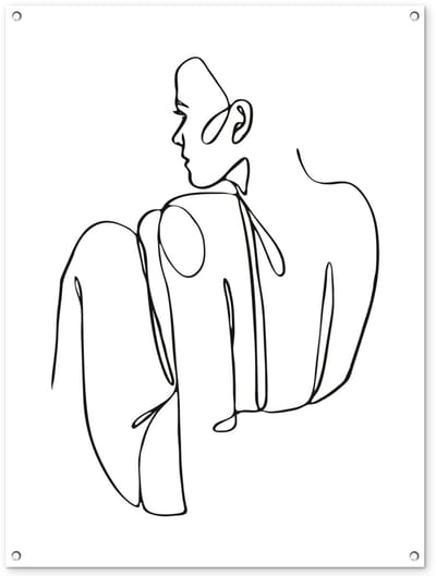 Tuinposter 90x120 cm - Tuindecoratie Abstracte line art van een zittende vrouw - Poster voor in de tuin - Buiten decoratie - Schutting tuinschilderij - Tuindoek muurdecoratie - Wanddecoratie balkondoek