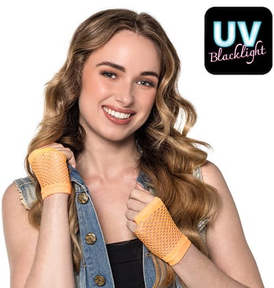 Boland - Paar handschoenen Mesh kort neonoranje Oranje,Neon - Volwassenen - Vrouwen - Danser/danseres - 80s - 90s - Retro - Rave - Festival - UV blacklight