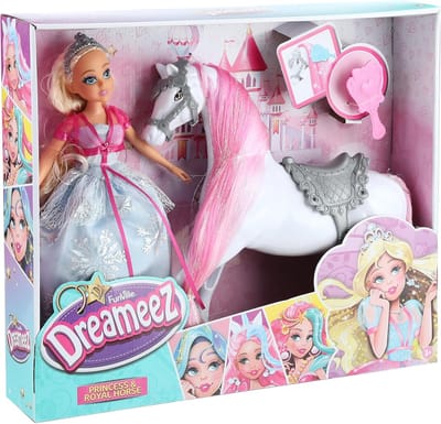 Funville Prinses met Paard – 30 cm Prinsessenpop met Wit Roze Paard – Inclusief Haaraccessoires – Modepop Speelset – Vanaf 3 Jaar
