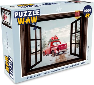 Puzzel Doorkijk - Auto - Rood - Cadeaus - Winterlandschap - Kerst - Legpuzzel - Puzzel 1000 stukjes volwassenen - Kerst - Cadeau - Kerstcadeau voor mannen, vrouwen en kinderen