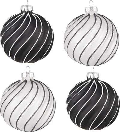 Clayre & Eef Kerstbal Set van 4 Overig Ø 8 cm Zwart Grijs Glas Kerstballen
