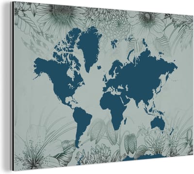 Wanddecoratie Metaal - Aluminium Schilderij Industrieel - Wereldkaart - Grijs - Blauw - 120x80 cm - Dibond - Foto op aluminium - Industriële muurdecoratie - Voor de woonkamer/slaapkamer