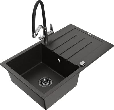 Mexen Bruno granieten gootsteen 1-bak met afdruiprek en keukenkraan Duo, zwart/goud metallic - 6513-75-671701-07-B