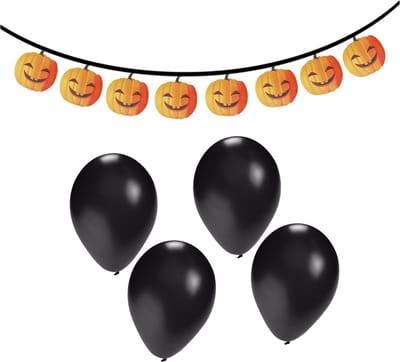 Halloween/horror thema feestslinger - pompoen - papier - 300 cm - incl. 10x ballonnen zwart