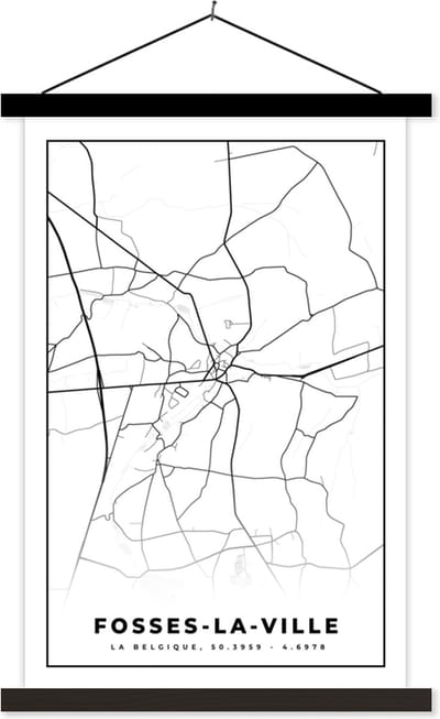 Posterhanger incl. Poster 40x60 cm - Schoolplaat - Plattegrond – Fosses la Ville – Zwart Wit – Stadskaart - Kaart - België - Textielposter - Zwarte latten - Stadskaart