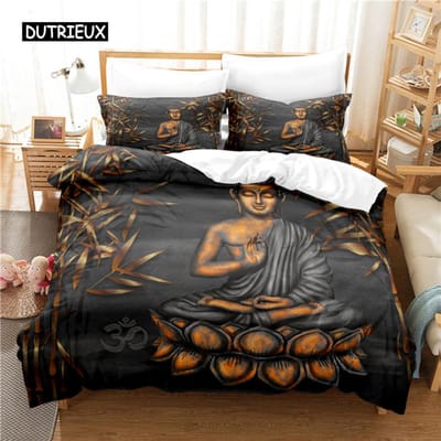 Boeddha Dekbedovertrek Set Kingsize Gouden Mandala Thema van Aziatische Cultuur Beddengoedset Microvezel Exotische Retro Stijl Dekbedovertrek AU Single(140x210cm)