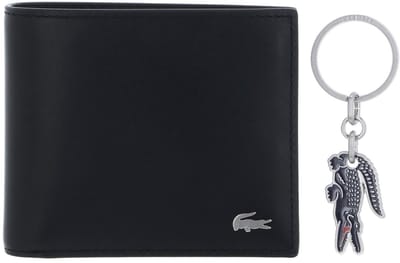 LACOSTE Leren Portemonnee Sleutelhanger FG Billfold Key Ring Box Noir KR Croc Marine Zwart