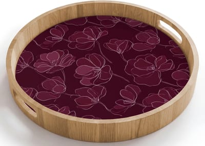 Dienblad rond 40x40 cm - Schootdienblad hout - Bloemen - Patroon - Bordeauxrood - Borrelplank rechthoek - Plateau houten dienbladen