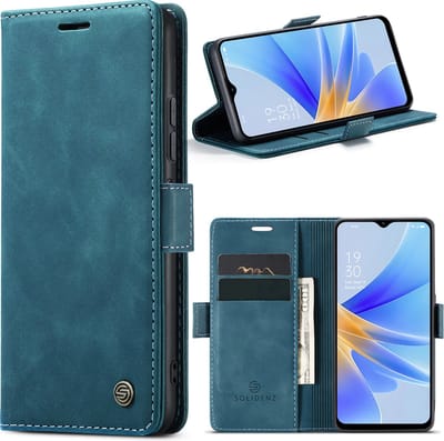 Geschikt Voor Oppo A17 Hoesje - Solidenz Urban Bookcase - Telefoonhoesje - Case Met Pasjeshouder - PU Leren Hoes - Draadloos Opladen - Blauw