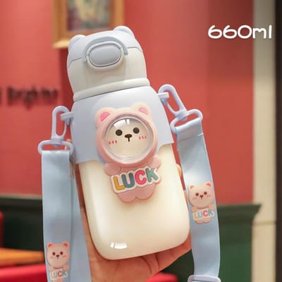 660ml Schattige Cartoon Plastic Beker met Rietje Huishoudelijke Kinder Waterbeker Draagbare Drank Waterfles met Deksel Keukengerei gray