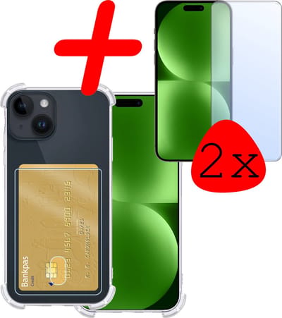 Hoesje Geschikt voor Apple iPhone 15 - Met 2x Screenprotector - Pashouder - Kaarthouder - Telefoon Hoes Shockproof - Siliconen Case - Back Cover - Shock Proof - Pasjes Houder - Transparant